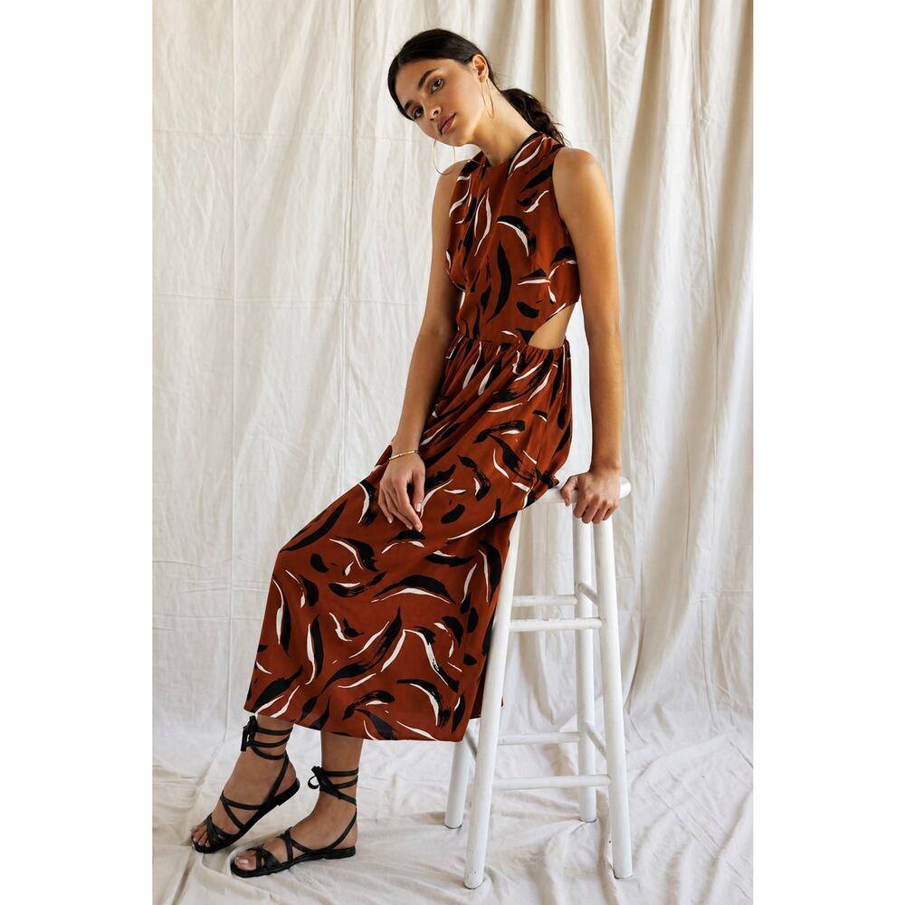 Anthropologie Corey Lynn Calter Brown Abstract Print Summer Cut Out Maxi Dress M